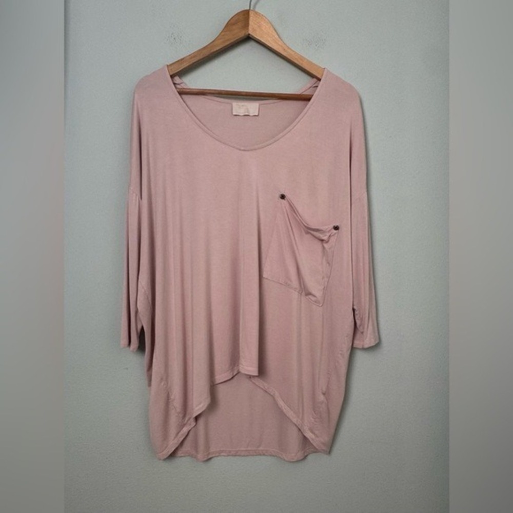 KERISMA Raven Oversized Relaxed Fit Silk Blend V-Neck Blush‎ Pink Pocket Tee S/M